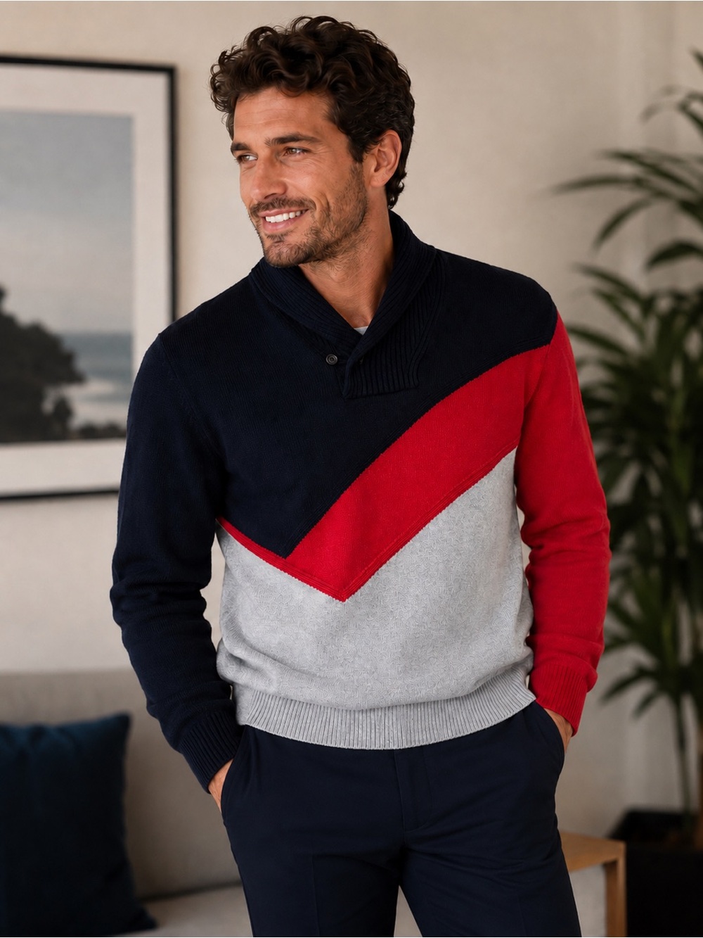 Sean John Navy, Red & Light Gray Chevron Sweater Sz L